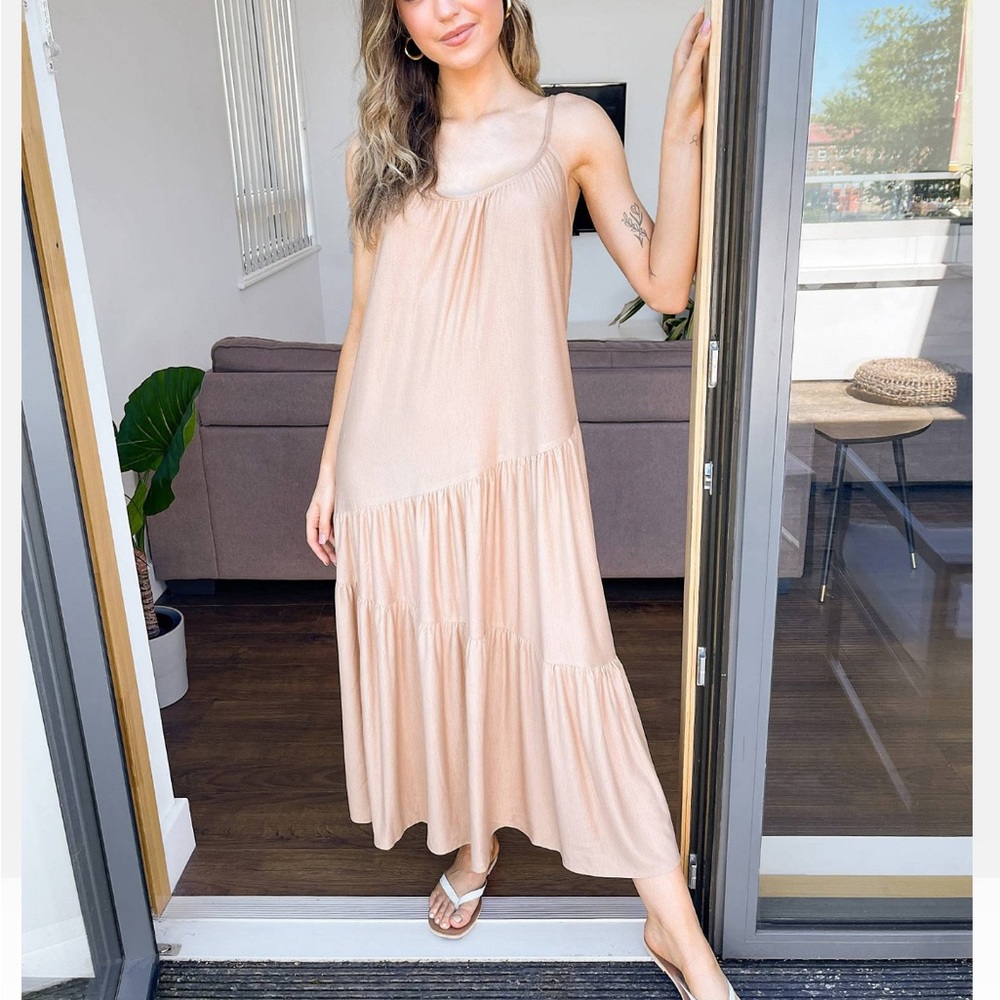 Tan Maxi Dress With Assymetrical Hem